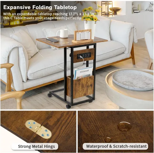 Miniatura 9 de Hadulcet Mesa auxiliar en forma de C con estación de carga y mesa plegable, mesa plegable para TV con almacenamiento, mesa para laptop para sofá