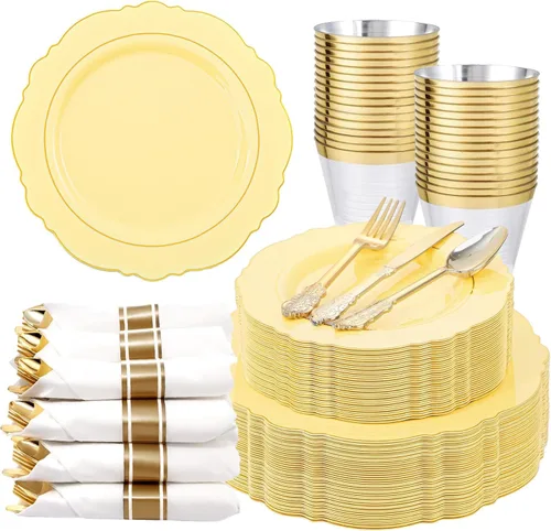 Miniatura 16 de Liacere 350 platos de plástico dorados, platos desechables blancos y dorados, vajilla de plástico barroco para 50 invitados, incluye 100 platos, 50