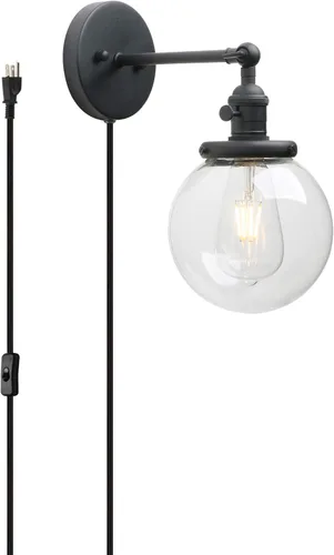 Miniatura 24 de PERMO Iluminación de candelabro de pared industrial vintage con sombra de globo de vidrio transparente redondo de 5,9" soplado a mano (Negro)