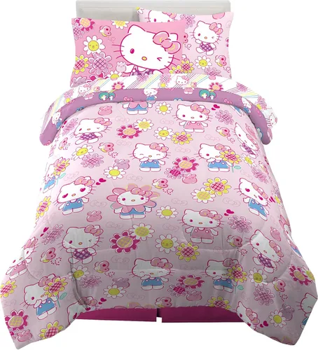 Franco - Juego de edredón y sábanas supersuaves con funda para niños, 5 piezas, tamaño individual, Hello Kitty Hello Kitty - Jardín del arco iris