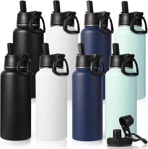 Miniatura 12 de Neihepal Botella de agua aislada de 32 onzas con 2 tapas (tapa con pajilla y boquilla), botellas de agua de doble pared de acero inoxidable 18/8