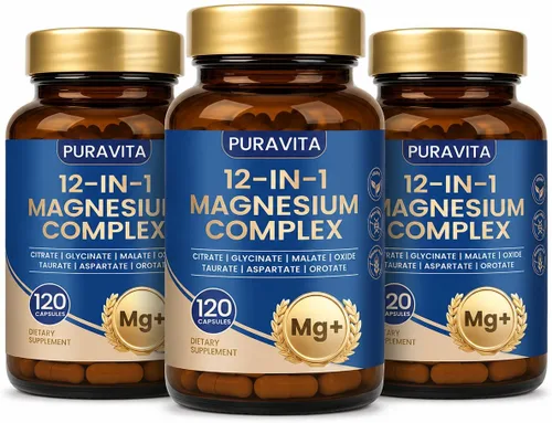 Miniatura 9 de Puravita Complejo 12 en 1 de magnesio, magnesio 12 en 1, para mujeres y hombres con glicinato, citrato, malato, óxido, taurat y más para apoyo