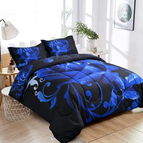 Miniatura 3 de WONGS BEDDING Juego de edredón azul tamaño matrimonial, juego de edredón reversible con estampado de rosas azules con 2 fundas de almohada