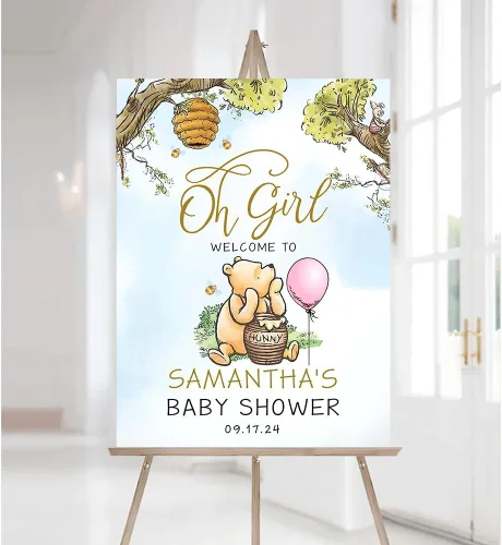 Miniatura 20 de Letrero de bienvenida personalizado de Pooh, cartel de bienvenida al baby shower, baby shower de oso Pooh, revelación de género, decoraciones