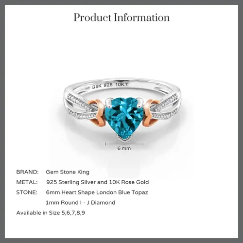 Miniatura 5 de Gem Stone King Anillo de compromiso con piedra preciosa y diamantes con forma de corazón de 0.236 in Plata 925 y oro rosa de 10 quilates Anillo