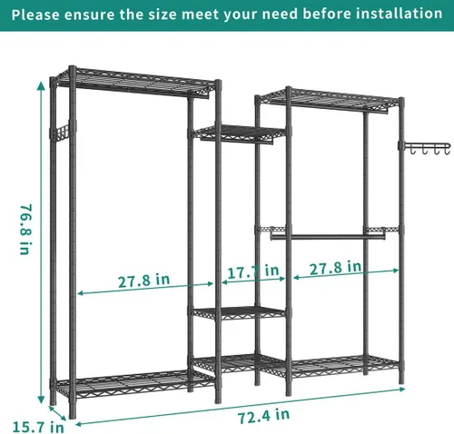 Miniatura 4 de Perchero de ropa resistente, perchero portátil para armario, estante de ropa ajustable independiente con 7 niveles de estantería de alambre Negro