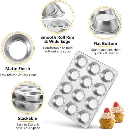 Miniatura 3 de TeamFar Molde para magdalenas de 12 tazas, molde de acero inoxidable para magdalenas de metal, para horno, tamaño regular y no tóxico, fácil