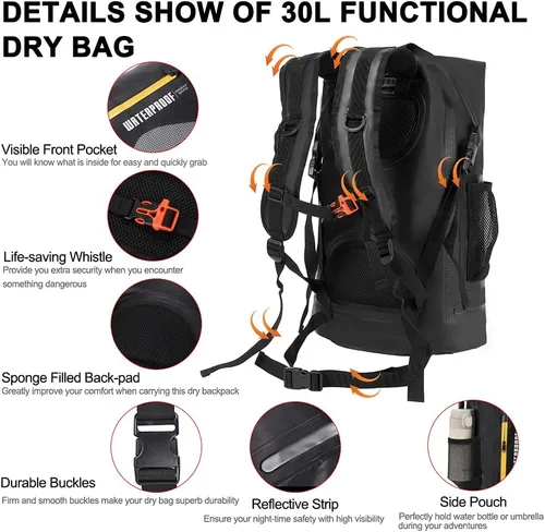 Miniatura 3 de Blueshyhall Mochila seca impermeable de 30 L, cierre superior enrollable, repelente al agua, bolsa de almacenamiento para kayak, rafting, barco