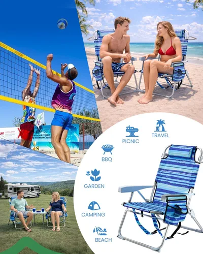 Miniatura 8 de GVDV Sillas de playa tipo mochila para adultos, silla plegable plana portátil con portavasos y toalleros, silla reclinable ajustable de 4 posiciones