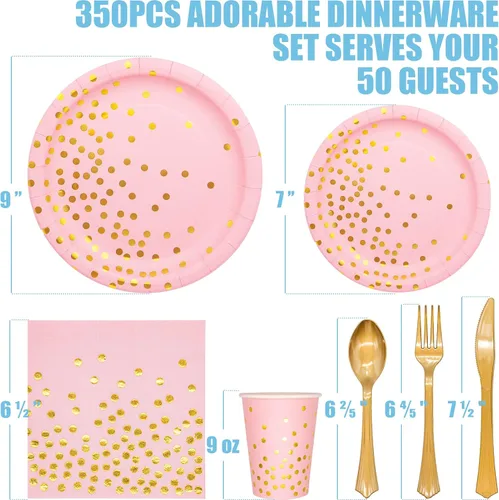 Miniatura 2 de Suministros de fiesta rosa y dorado, juego de vajilla desechable de 350 piezas con platos de papel rosa, servilletas, vasos, juego de cubiertos
