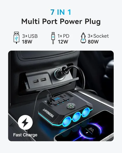 Miniatura 2 de Anyongora Divisor de encendedor de cigarrillos 7 en 1, adaptador de cargador de coche de 120 W, 12 V/24 V, 3 enchufes e interruptores