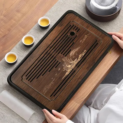 Miniatura 2 de Ufine Bandeja de té de gongfu de bambú de 15 pulgadas con drenaje de almacenamiento de agua Bandeja de servir de té chino Kung Fu Bandeja de mesa