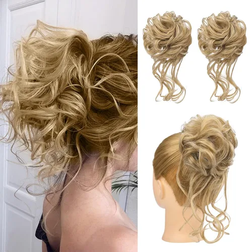 Miniatura 26 de HOOJIH 2 piezas de moño despeinado, recogido despeinado con mechones, extensiones de moño de cabello ondulado rizado, envoltorio de cabello, cola