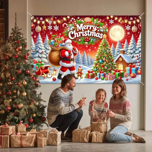 Miniatura 2 de HOMETITUTE Cartel de Navidad de 71 x 43 pulgadas, telón de fondo rojo de Papá Noel con árbol de regalo, decoración de nieve en trineo