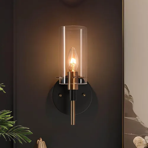Miniatura 9 de KSANA Lámpara de pared de 1 luz, moderna lámpara dorada montada en la pared, iluminación de baño de vidrio sembrado para dormitorio, pasillo