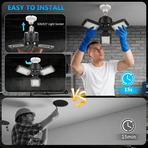 Miniatura 3 de 4 paquetes de luces LED para garaje, 60 W, luz de techo de garaje deformable, 8000 lm, E26, luces de sótano con 3 paneles LED ajustables, se adapta