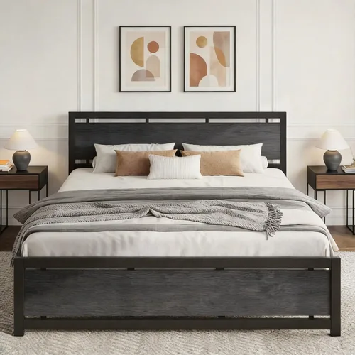 Miniatura 16 de LIKIMIO Base de cama King con cabecero y estribo, soportes fuertes de metal, fácil montaje, sin ruido, no necesita somier, gris carbón