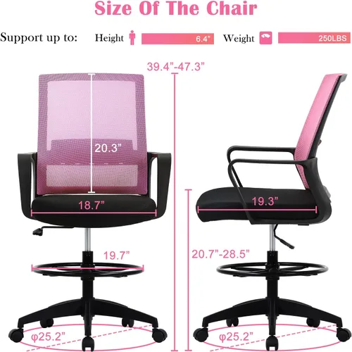 Miniatura 2 de Silla de redacción alta para escritorio de oficina, respaldo medio, altura de barra ajustable, silla de oficina con soporte lumbar y anillo