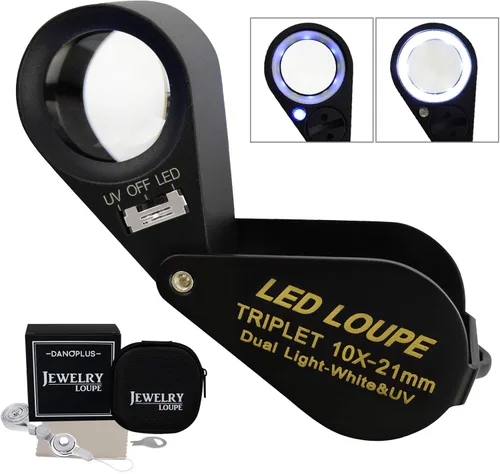 10 lupas para joyería, lupa LED UV de 0.827 in, lente de triplete, cristal óptico, herramienta de aumento de gemas de bolsillo, joyero, sello