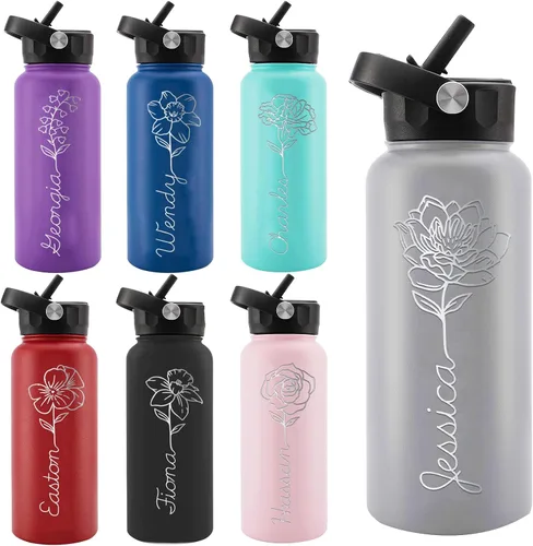 Miniatura 15 de Personalized Water Bottles, Custom Water Bottle with Birth Month Flower Personalized Text Names, Gifts for Women, Customized Engraved Stainless