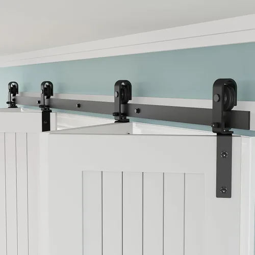 Miniatura 13 de Kit de herrajes para puerta corrediza de granero de 34 pulgadas, resistente, rodillo de montaje en pared, para puertas plegables dobles de 16