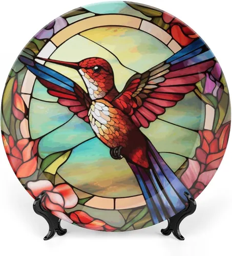 Miniatura 10 de Platos decorativos, pájaro azul y flores, pintura de vitrales, plato de cena de cerámica para el hogar con soporte de exhibición, decoración