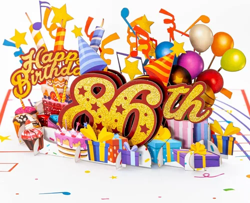 Miniatura 13 de iGifts And Cards Tarjeta desplegable 3D de feliz cumpleaños 84 – Diseño azul con números de purpurina, globos, pasteles y regalos – Tarjeta
