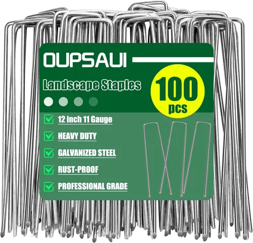 Miniatura 10 de OUPSAUI Estacas galvanizadas de 12 pulgadas para grapas de paisaje, 25/50/100/200 estacas de metal para jardín para tela de barrera de malezas