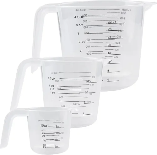 Vasos medidores de plástico, paquete de 3 tazas medidoras transparentes de 4/2/1 taza, juego de tazas apilables resistentes al calor con mango y