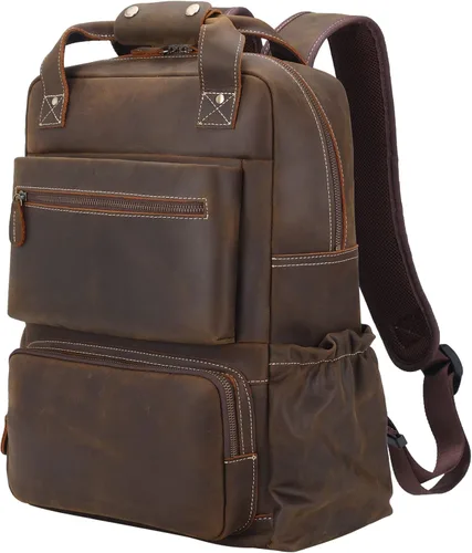 TIDING Mochila vintage de cuero de grano completo para computadora portátil de 17 pulgadas para hombre, mochila grande de viaje de negocios, color
