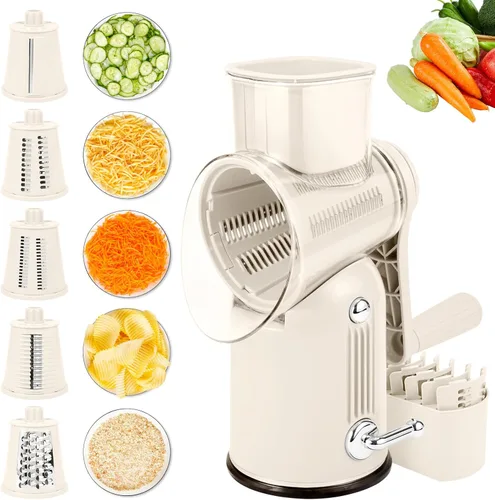 Miniatura 9 de Rallador de queso giratorio con mango: rallador de queso 5 en 1, manivela de mano, base de succión fuerte para frutas y verduras, nueces con caja