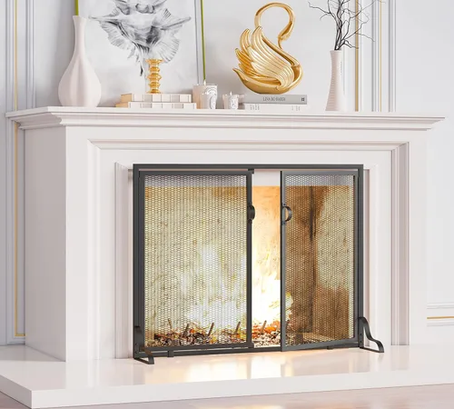 Kingson Pantalla plana para chimenea de 37.8 x 30.7 pulgadas con puertas, 2 paneles hechos a mano de hierro forjado sólido, malla decorativa