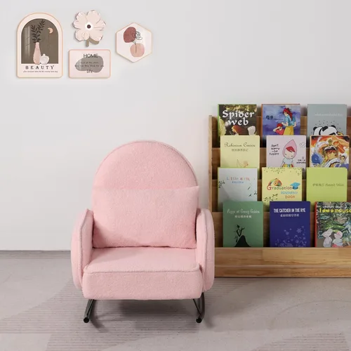 Miniatura 6 de Mecedora para bebé, silla para niños, sofá para niños, pie de metal tembloroso y tela sherpa, sillón mecedor para niños y niñas (rosa)