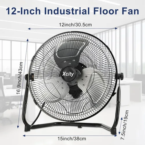 Miniatura 2 de Xcity Ventiladores de piso industriales de metal de 12 pulgadas, máximo 1800 CFM, ventilador de alta velocidad resistente con inclinación ajustable