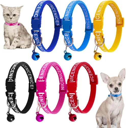 Miniatura 9 de Jecikelon 6 collares ajustables para cachorros, collar de poliéster para gatos con campana, collar básico para perros pequeños (S, pata 1)