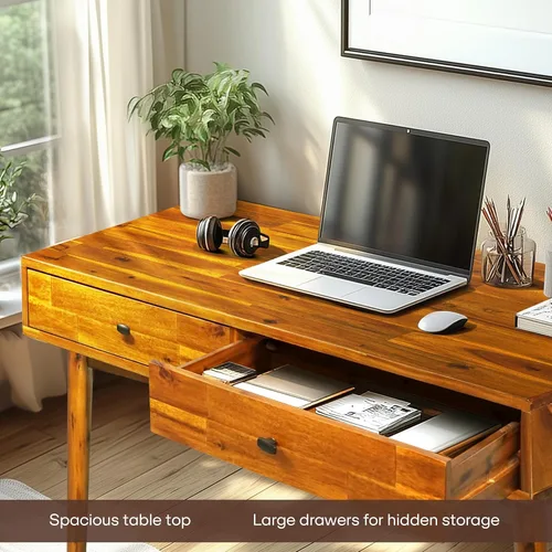 Miniatura 3 de Acacia Lagom - Escritorio de trabajo de madera maciza de 48 pulgadas con cajones, muebles de oficina, mesa de trabajo de estilo escandinavo
