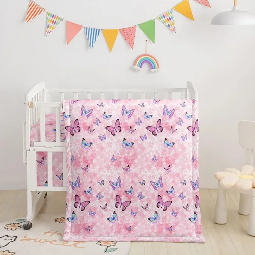Miniatura 12 de Juego de ropa de cama para cuna de 3 piezas, edredón de guardería con estampado de mariposas en acuarela, sábana y falda para bebés niños y niñas