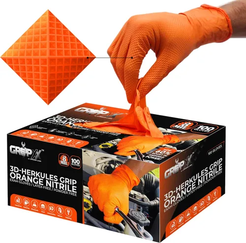GRIPXX Herkules Grip Guantes de nitrilo de 8 mil de alta resistencia naranja, textura de diamante 3D en relieve - Sin látex y polvo - Industrial,