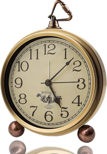 Justup Reloj de mesa dorado, retro vintage, sin tictac, reloj despertador de escritorio con pilas, movimiento de cuarzo silencioso con cristal HD