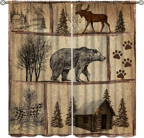 Miniatura 11 de Cortinas rústicas de alce y oso, tratamiento retro para ventana de cabaña de oso salvaje para dormitorio, cocina, cortinas de estilo rústico Retro