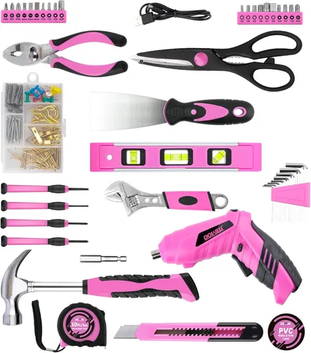 Miniatura 8 de Juego de herramientas de 143 piezas rosa para propietario de casa con destornillador inalámbrico de 3.6 V, kit de herramientas manuales
