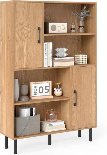Miniatura 10 de Giantex Armario de almacenamiento de 47 pulgadas con puertas, estantes abiertos, dispositivo antivuelco, estantería de 4 niveles para libros