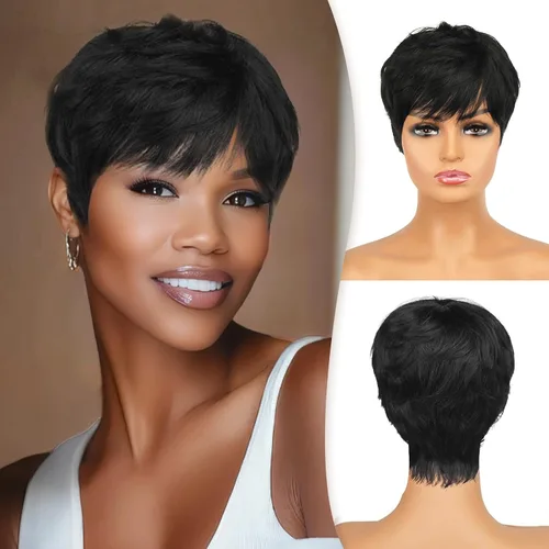 RUWISS Peluca de cabello humano con corte Pixie, peluca de cabello humano con flequillo, peluca negra corta natural en capas, ondulada, diferentes