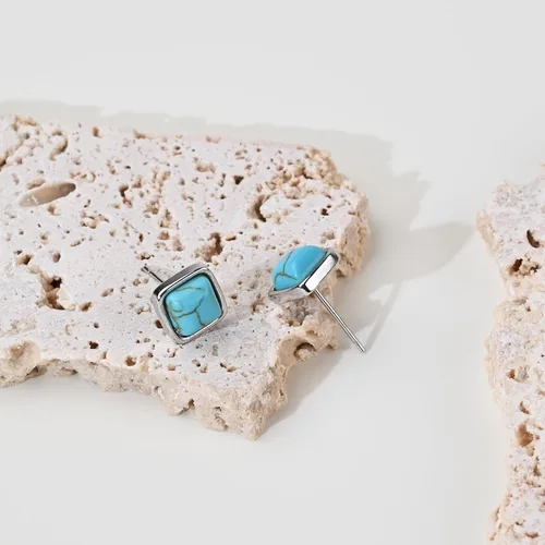 Miniatura 23 de Tibetan Turquoise Earrings 925 Sterling Silver Post Stud Boho Gemstone Hypoallergenic Handmade Earrings for Women Trendy Fashion