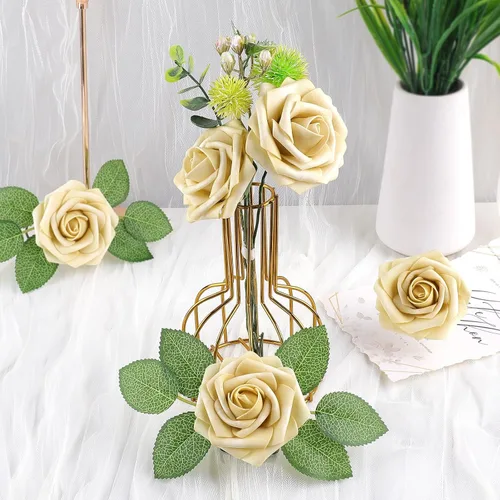 Miniatura 5 de AmyHomie 25 rosas artificiales beige de aspecto real con tallo para ramos de boda, centros de mesa, arreglos de fiesta, baby shower, día de San