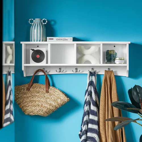 Miniatura 4 de Haotian - Estantería de pared blanca con ganchos para abrigos, perchero de pared para entrada, unidad de almacenamiento con 4 compartimentos y 5