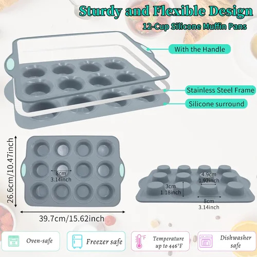 Miniatura 6 de To encounter Paquete de 2 Moldes de Silicona para Muffins con Marco de Metal, Molde para Cupcakes de 12 Tazas Tamaño Regular, Bandeja Antiadherente