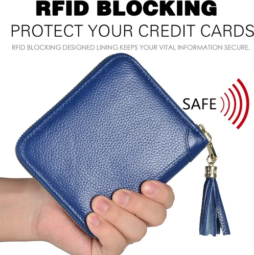 Miniatura 4 de Easyoulife Billetera Tarjetero de Tarjetas de Crédito para Mujer con Cremallera de Cuero Estuche para Tarjetas con Bloqueo RFID, Azul oscuro, medio