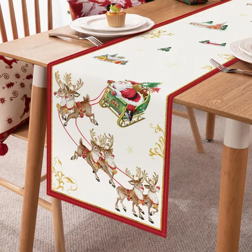 Miniatura 3 de Bonhause Camino de mesa de reno de Navidad de 13 x 72 pulgadas, trineo de Papá Noel, rojo, dorado, temporada de invierno, vacaciones, cocina
