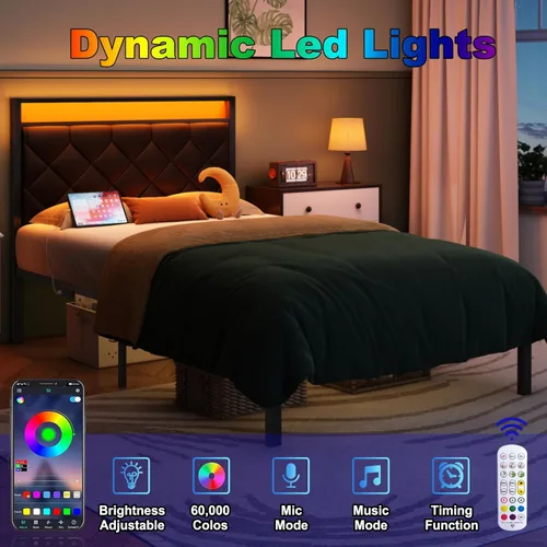 Miniatura 6 de Base de cama individual con estación de carga, luz LED y cabecera tapizada de piel sintética, base de cama de plataforma con almacenamiento debajo